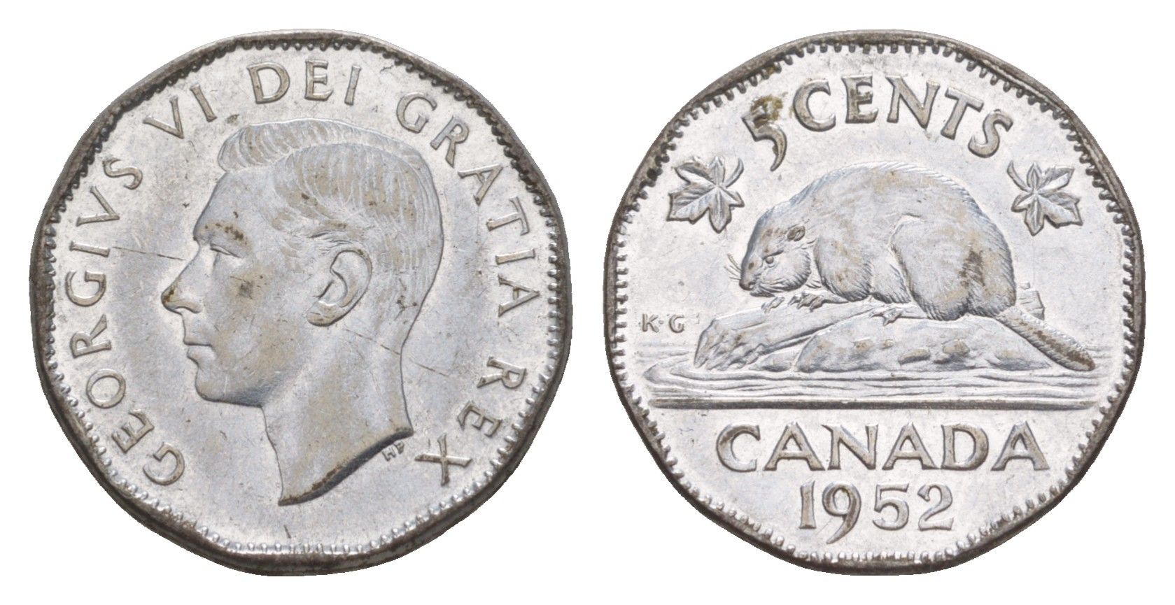 Канада 5 центов 1952 бобр Dot, Георг VI (1936-1952) KM 42a хромированная сталь aUNC 4636-557