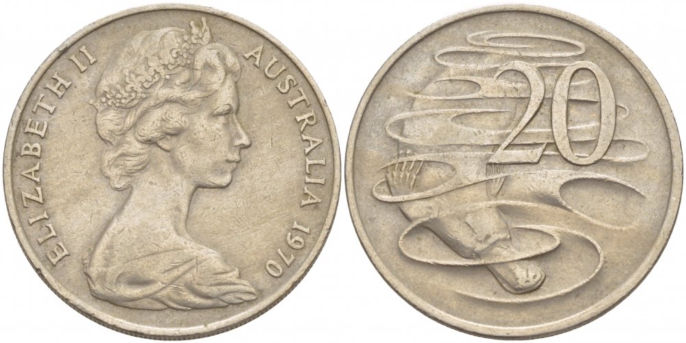 Австралия 20 центов 1970 Елизавета II (1952-2022), утконос KM 66 медно-никель 215-816