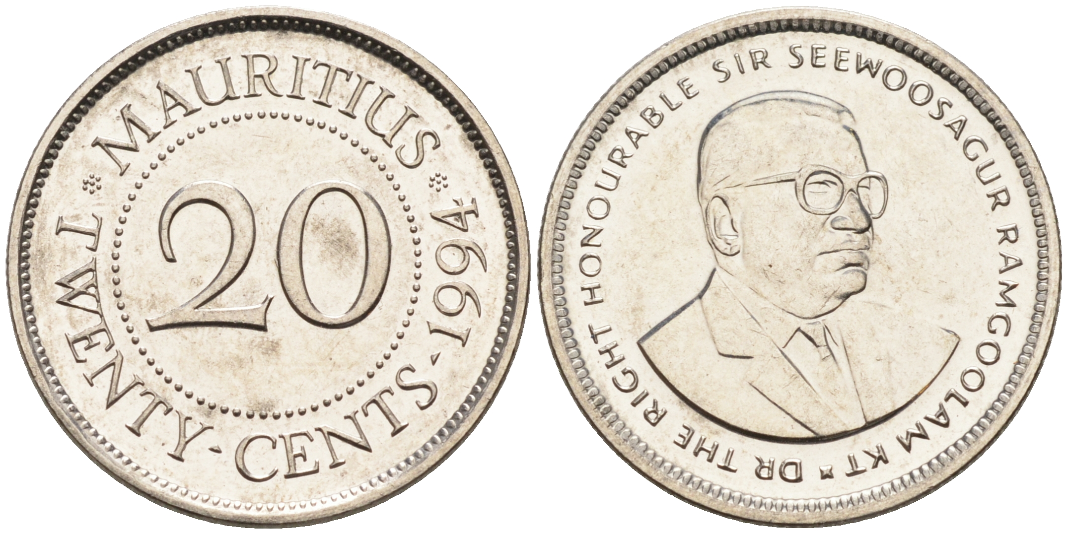 Маврикий 20 центов 1994 Сивусагур Рамгулам KM 53 сталь плакированная никелем UNC 4588-324