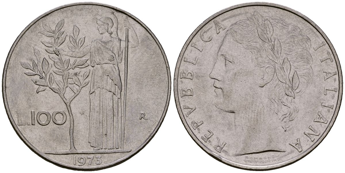 Италия 100 лир 1973 KM 96.1 нержавеющая сталь 4165-1026