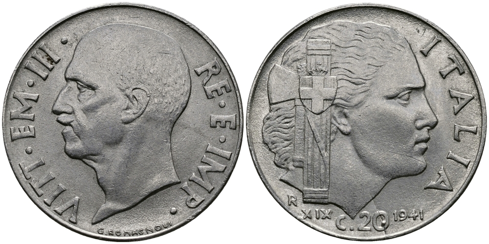 ИТАЛИЯ 20 ЧЕНТЕЗИМО 1941 R, ВИКТОР ИМАНУИЛ, XIX ГОД KM 75b нержавеющая сталь 98-135