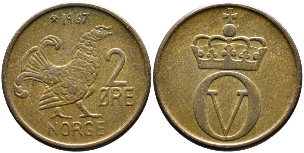 Норвегия 2 эре 1967 глухарь, Улаф V (1958-1991) KM 410 бронза 4391-1114