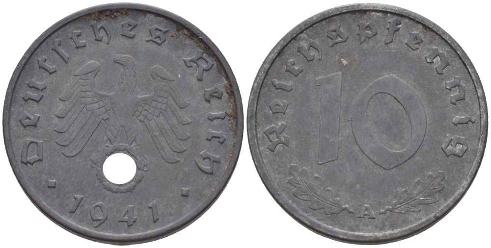 ГЕРМАНИЯ 10 РЕЙХСПФЕННИГОВ 1941 A KM 101, J. 371 цинк 212-816