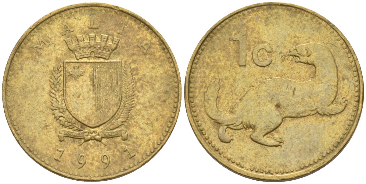 Мальта 1 цент 1991 ласка, горностай KM 93 никель латунь 4585-1167