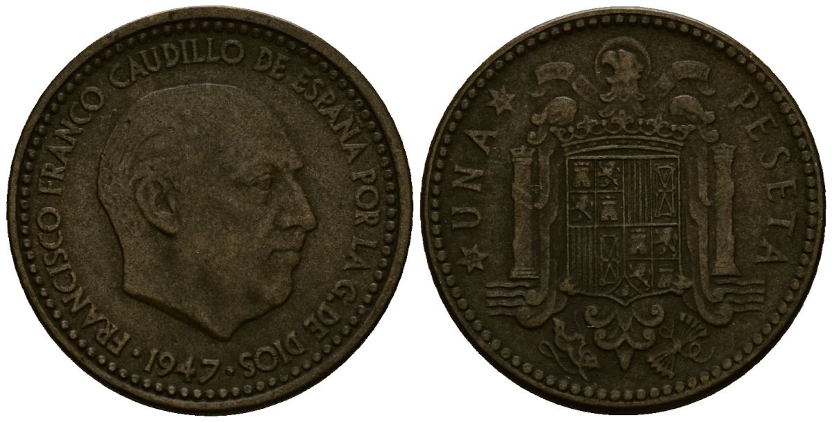 Испания 1 песета 1947 Франсиско Франко (1939-1975) KM 775 алюминиевая бронза 4176-313