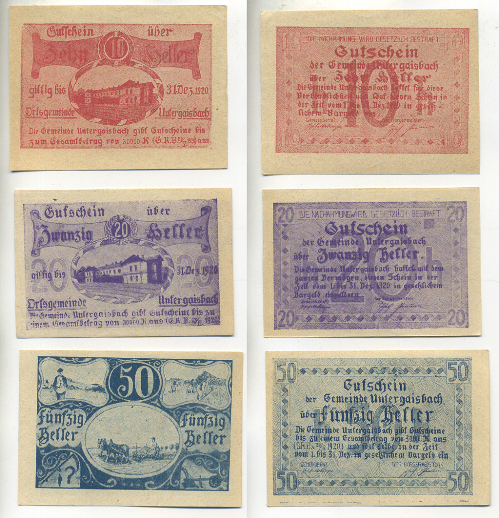 АВСТРИЯ НАБОР ИЗ 3 БАНКНОТ 1920 1 ИЮЛЯ 1920-31 ДЕКАБРЯ 1920, НОТГЕЛЬД, 10, 20, 50 ГЕЛЛЕРОВ, BELLER бумага aUNC 6280-40-4-1