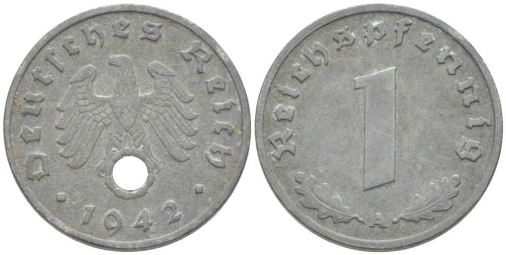 ГЕРМАНИЯ 1 РЕЙХСПФЕННИГ 1942 A KM 97, J. 369 цинк 206-1144