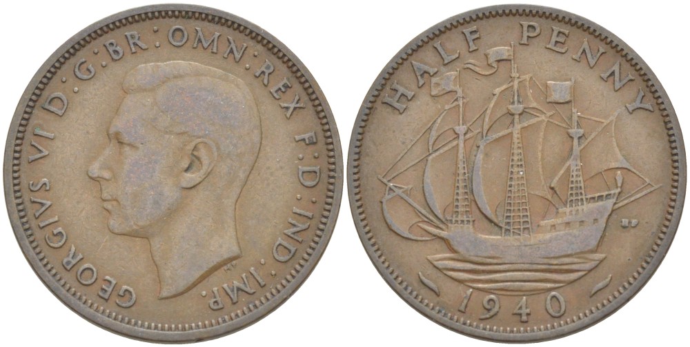 Великобритания 1/2 пенни 1940 Георг VI (1936-1952) KM 844, Spink 4115 бронза 4539-651