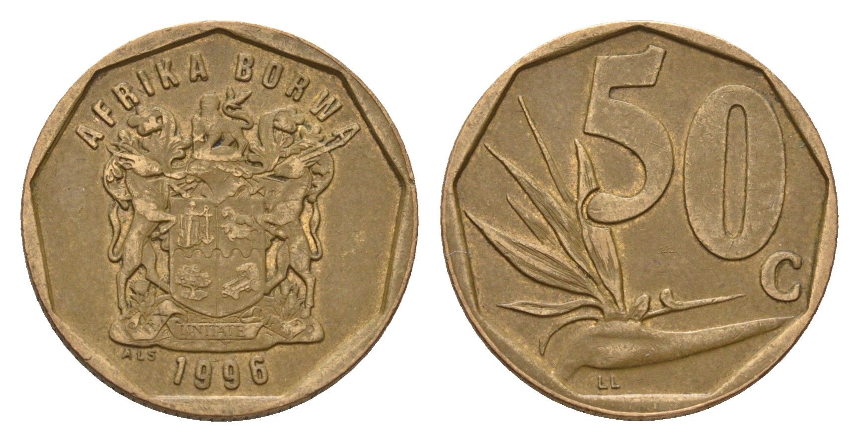 ЮАР 50 центов 1996 Зантедеския Эллиота (калла), герб KM 163 сталь плакированная бронзой 4660-1026