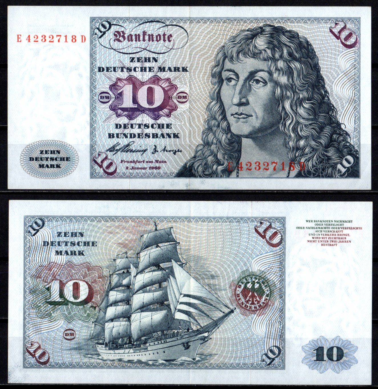 ФРГ 10 марок 1960 Альбрехт Дюрер. Kорабль "Горх Фок" Pick 19 бумага 7204-6-1-2