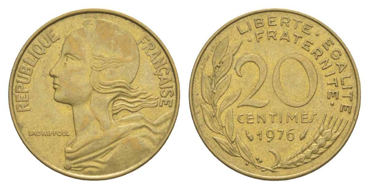 Франция 20 сантимов 1976 тип Morlon KM 930, Le Franc 156.16 алюминиевая бронза 4631-513