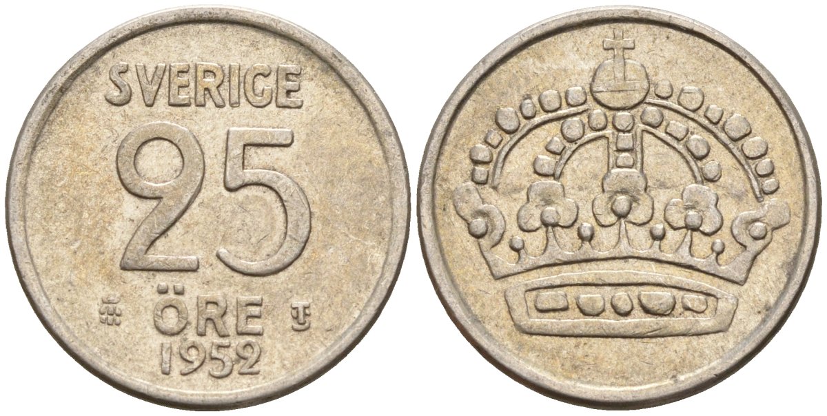 Швеция 25 эре 1952 TS, Густав VI Адольф (1950-1973) KM 824 серебро 4147-1027