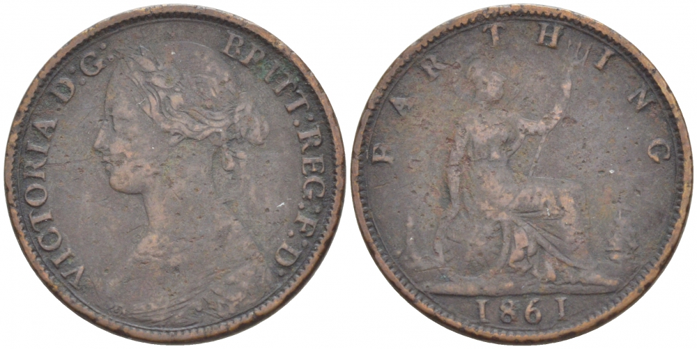 Великобритания 1 фартинг 1861 Виктория (1837-1901) KM 747.2, Spink 3958 бронза 4547-921