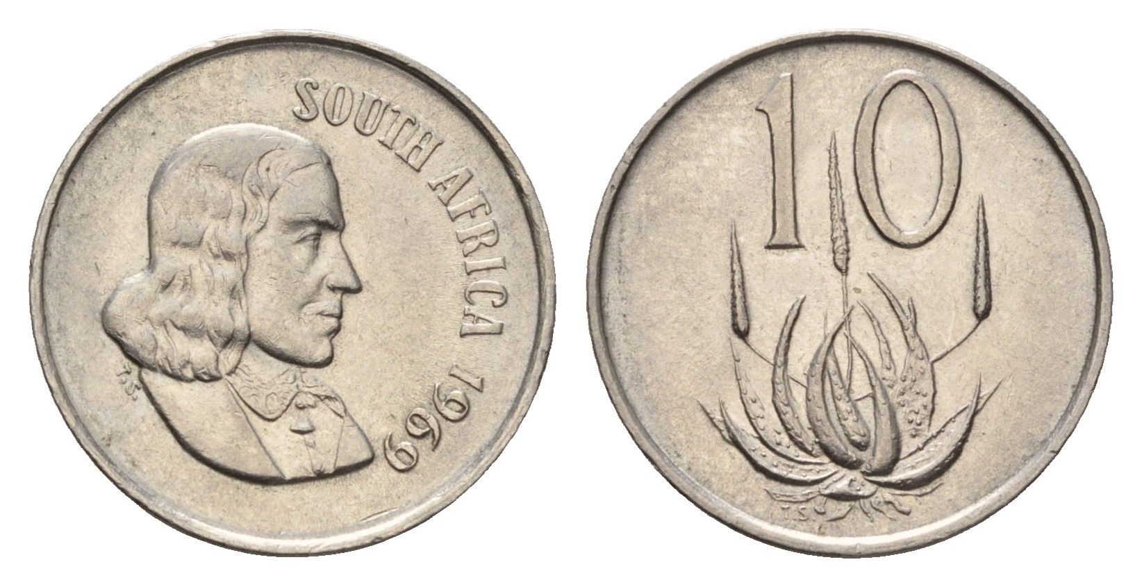 ЮАР 10 центов 1969 Ян ван Рибек (1619-1677), South Africa, легенда на африкаанс, цветок алоэ KM 68.1 никель 4687-329