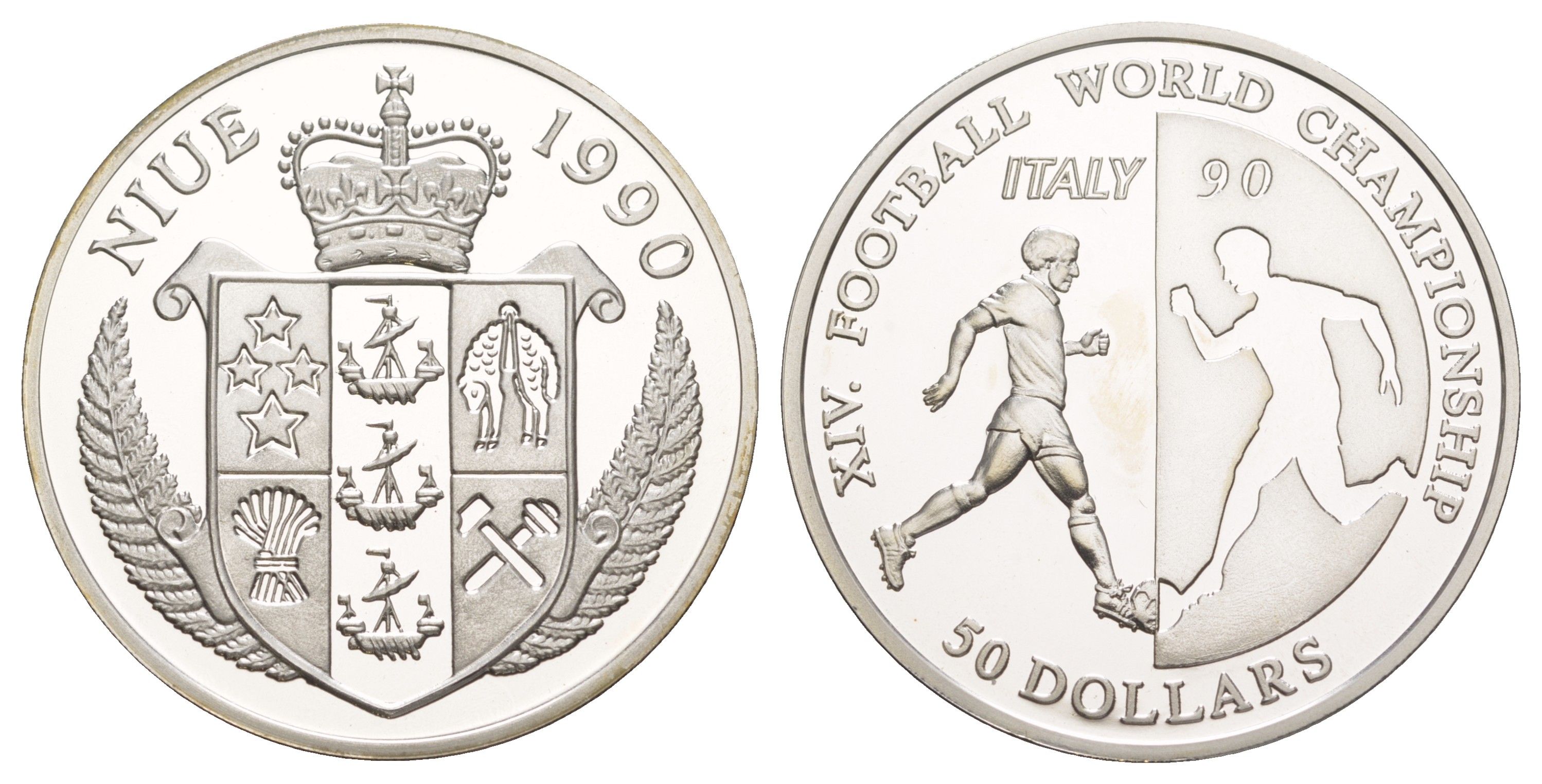 Ниуэ 50 долларов 1990 Чемпионат мира по футболу 1990, Футболист и зеркальный силуэт KM 75 серебро PROOF 11-080-25