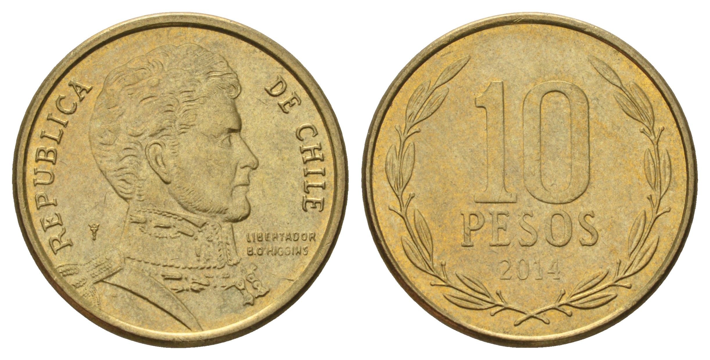 Чили 10 песо 2014 KM 228 никель латунь UNC 4171-612