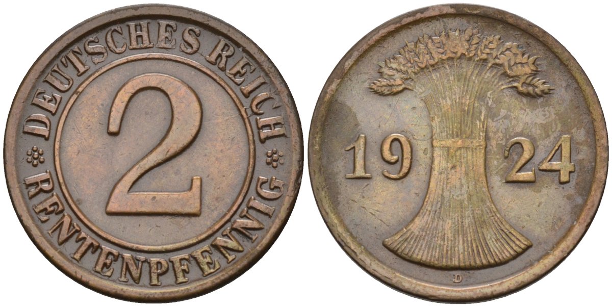 Германия 2 рентенпфеннига 1924 D KM 31, J.307, Weege 3 медь 4584-616