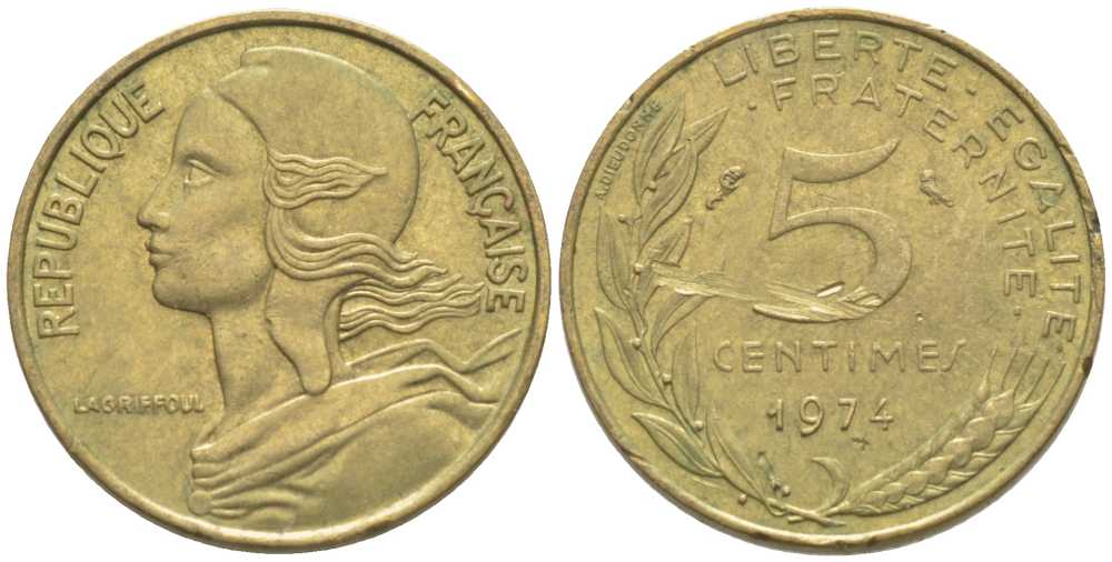 ФРАНЦИЯ 5 САНТИМОВ 1974 ТИП MARIANNE KM 933, LE FRANC 125.10 алюминиевая бронза 116-445