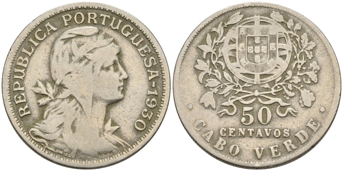 Португальское Кабо-Верде 50 сентаво 1930 острова Зеленого мыса KM 4 никель бронза 4571-934