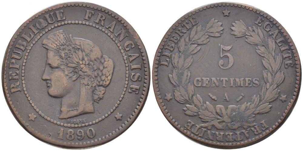 ФРАНЦИЯ 5 САНТИМОВ 1890 A, ТРЕТЬЯ РЕСПУБЛИКА (1871-1940) KM 821.1, LE FRANC 118.33 бронза 4448-147