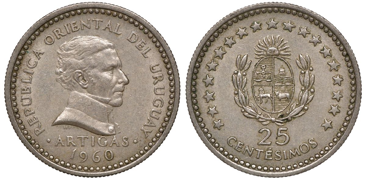 Уругвай 25 сентесимо 1960 KM 40 медно-никель 4169-1016