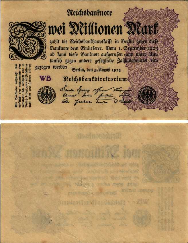 ГЕРМАНИЯ 2000000 МАРОК 1923 9 АВГУСТА 1923, ВОДЯНОЙ ЗНАК G, СЕРИЯ WB Pick 104с, Rosenberg 103d бумага 6299-33-2-2