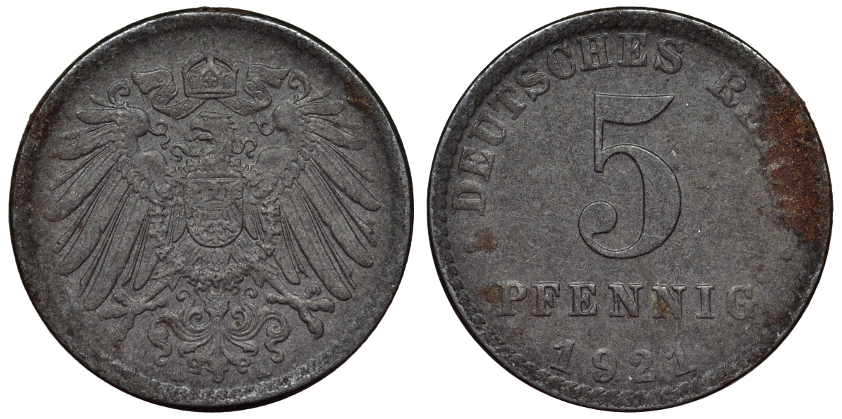 Германия 5 пфеннигов 1921 A KM 19, J. 297, Weege 5 железо 4118-1113