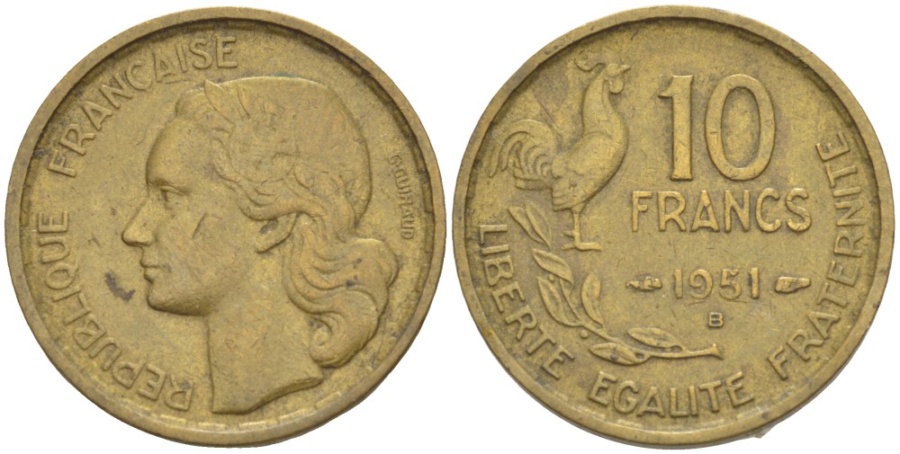 Франция 10 франков 1951 B, петух KM 915.2, Le Franc 363.5 алюминиевая бронза 4525-957