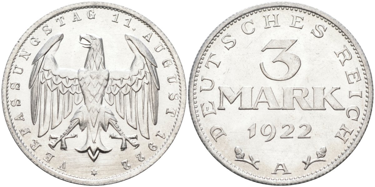 Германия 3 марки 1922 A, третья годовщина Веймарской Конституции KM 29, J.303 алюминий UNC 4587-226