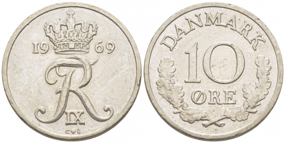 Дания 10 эре 1969 C,S, Фредерик IX (1947-1972) KM 849.1 медно-никель 3996-1052