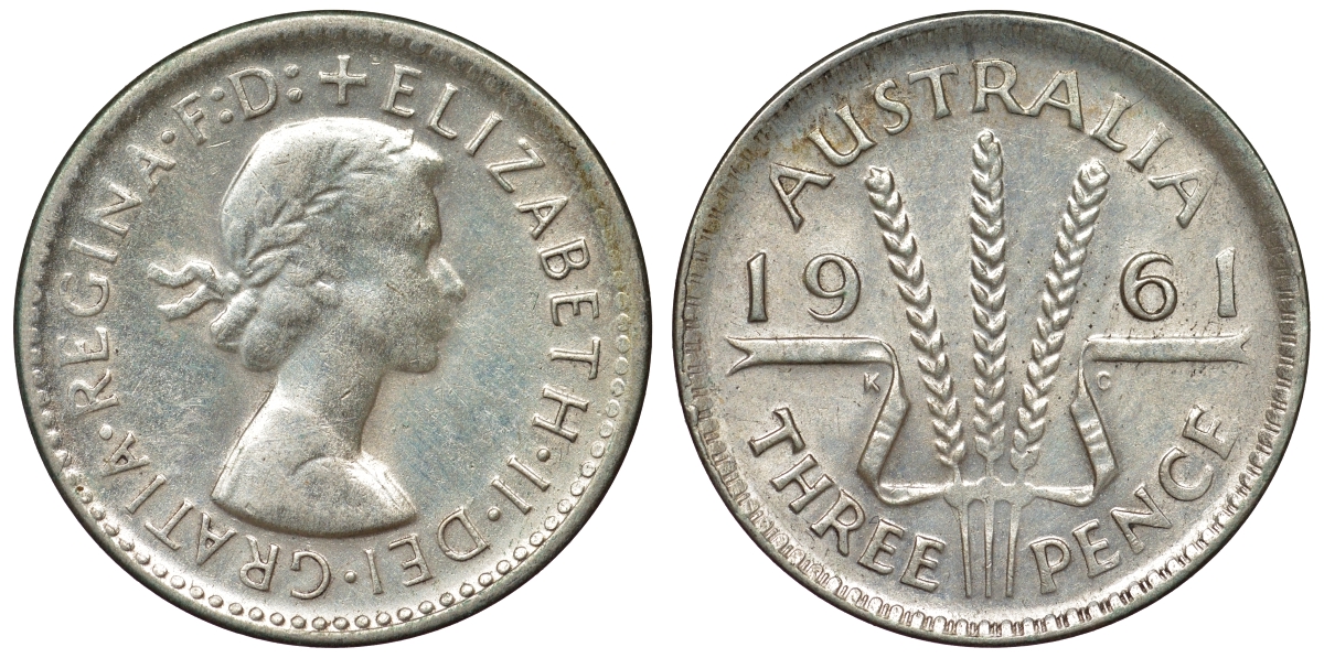 Австралия 3 пенса 1961 m, Елизавета II (1952-2022) KM 57 серебро 71-762