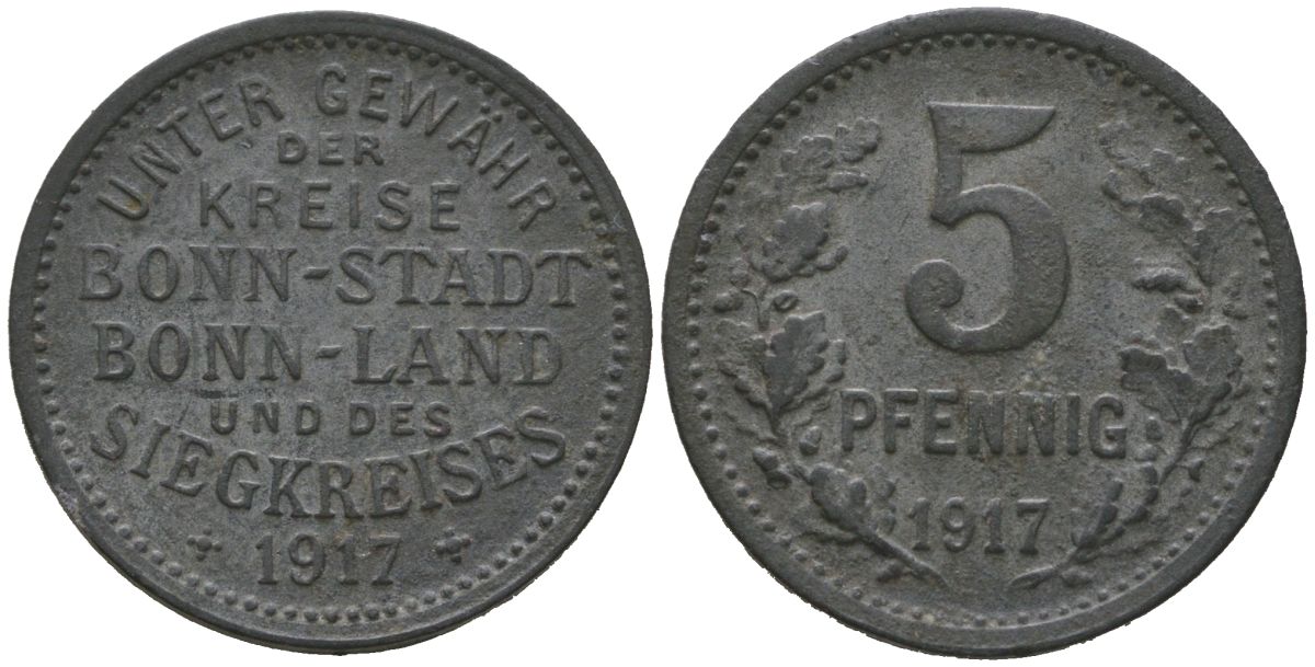 Бонн и Зигкрайс (Пруссия, Рейн) 5 пфеннигов 1917  Funck 52.1, Men05 3234.1, Men18 4150.1 цинк     4136-117