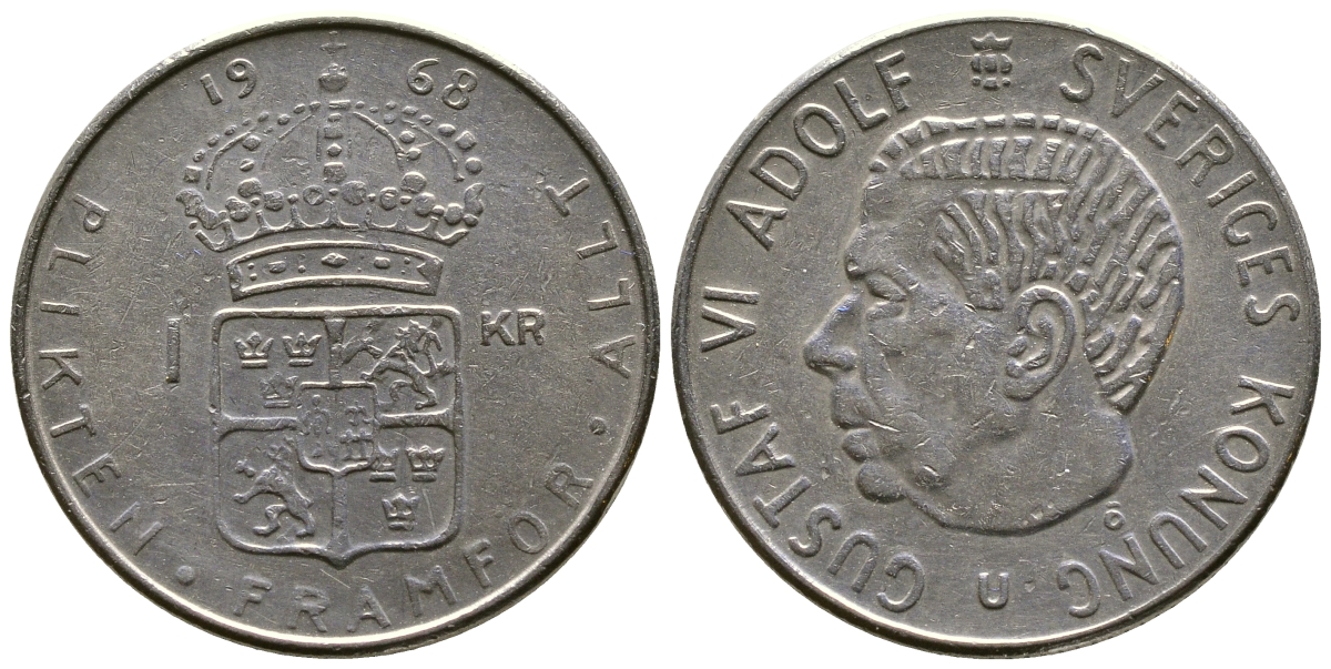 Швеция 1 крона 1968 Густав VI Адольф (1950-1973) KM 826a медь плакированная медно-никелем 4179-722