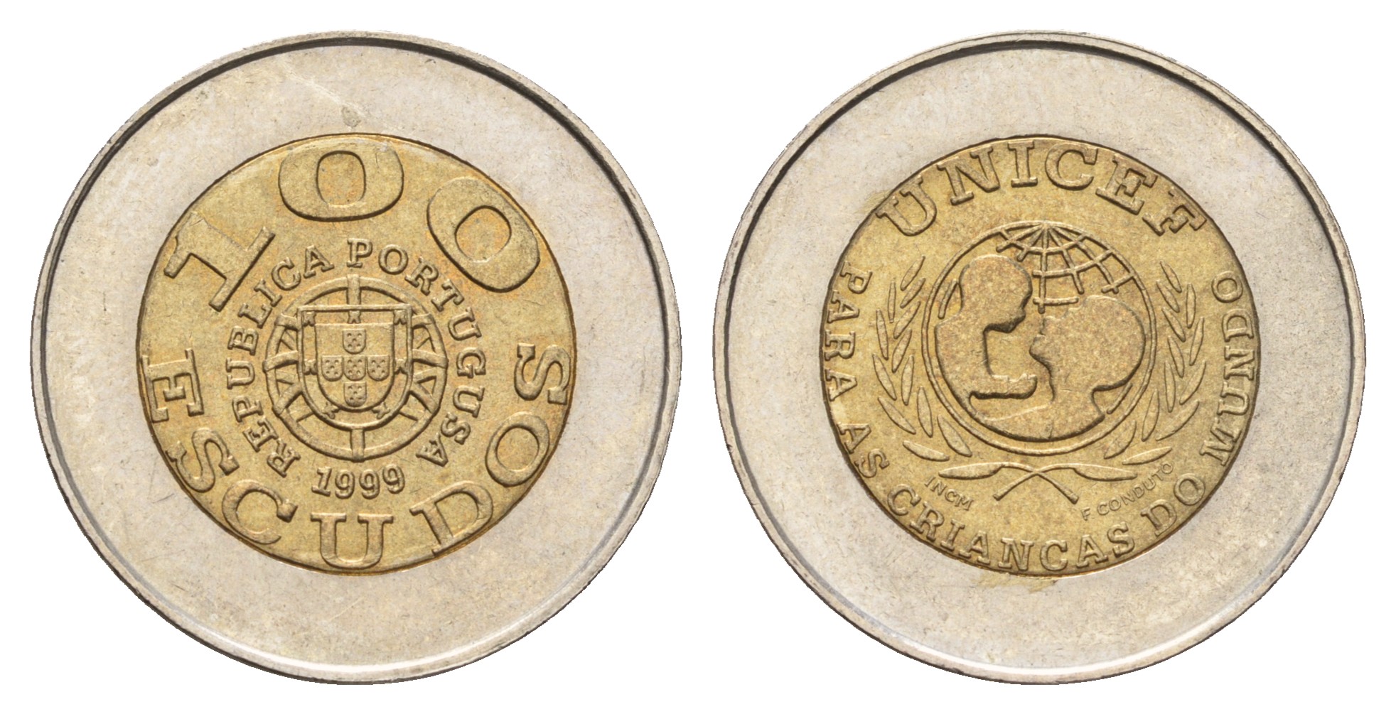 Португалия 100 эскудо 1999 UNICEF, ошибка Portugusa KM 722.2 биметалл UNC 4577-1234