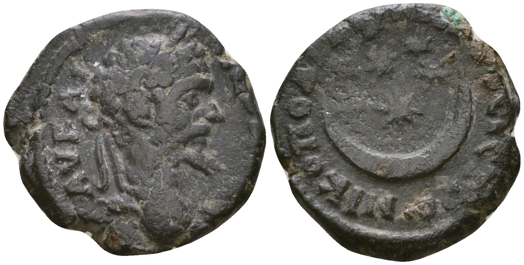 Римская Империя, Провинция Нижняя Мезия, Никополь-на-Истре AE 193 - 211 Септимий Север, бюст императора / полумесяц, звезды Mouchmov 986 бронза 1100-7-72
