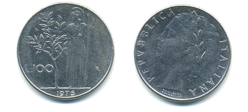 ИТАЛИЯ 100 ЛИР 1976 R, АФИНА KM 96.1 нержавеющая сталь 3999-336