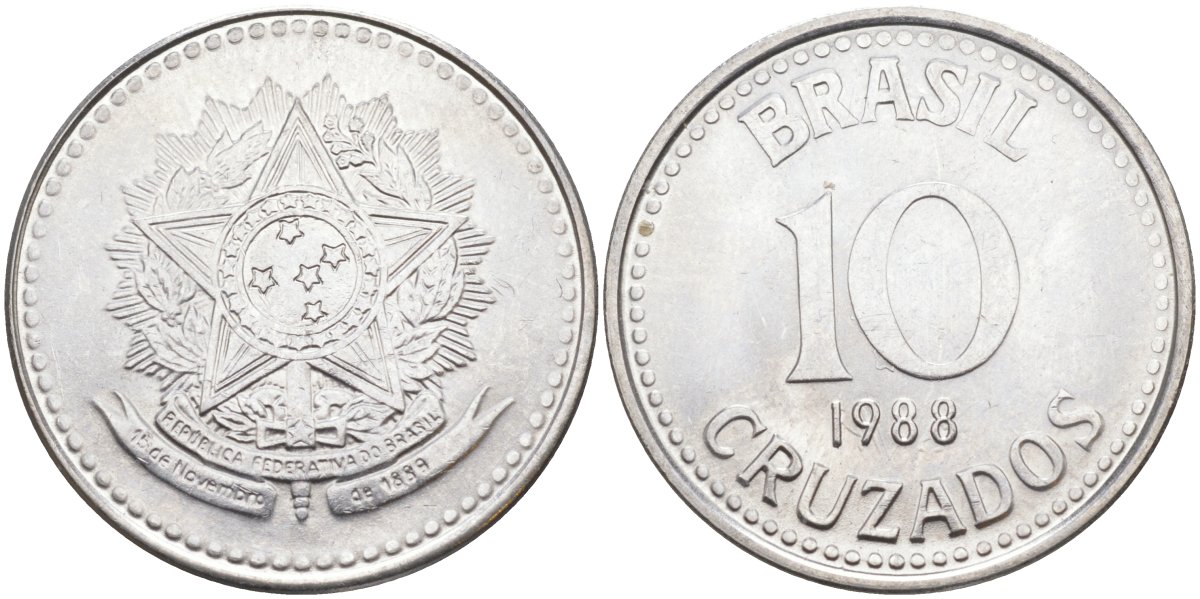 Бразилия 10 крузадо 1988 реформа 1986-1989 KM 607 нержавеющая сталь 219-834