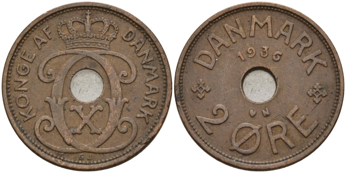 Дания 2 эре 1936 Кристиан X (1912-1947) KM 827 бронза 4147-522