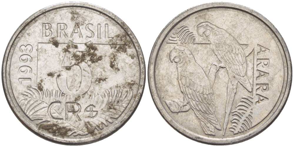 БРАЗИЛИЯ 5 КРУЗЕЙРО РЕАЛ 1993 РЕФОРМА 1993-1994, ПОПУГАИ АРА KM 627 нержавеющая сталь 4388-245