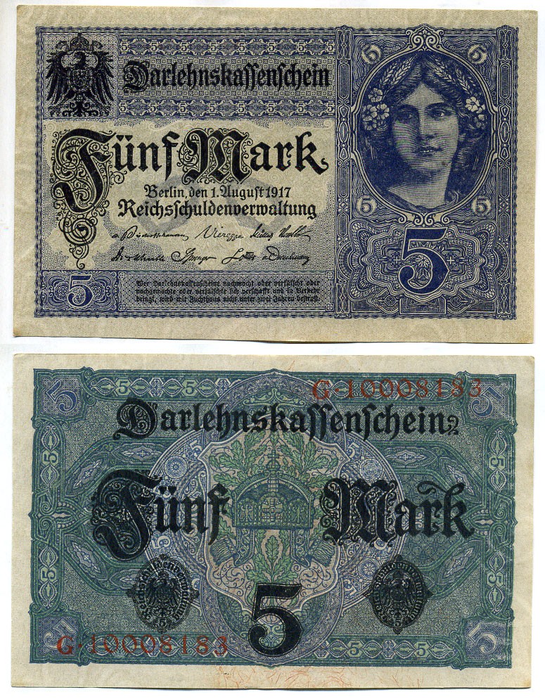 Германия 5 марок 1917 8 значный номер, серия G Pick 56 b бумага UNC (пресс) 8613-51-2-2