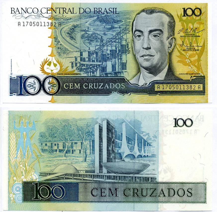 БРАЗИЛИЯ 100 КРУЗАДО 1987 ПОДПИСЬ 25 Pick 211с бумага UNC (ПРЕСС) 7484-30-1