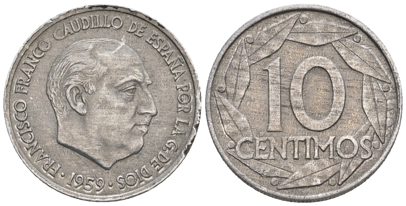 Испания 10 сентимо 1959 Франсиско Франко (1939-1975) KM 790 алюминий 4609-1112