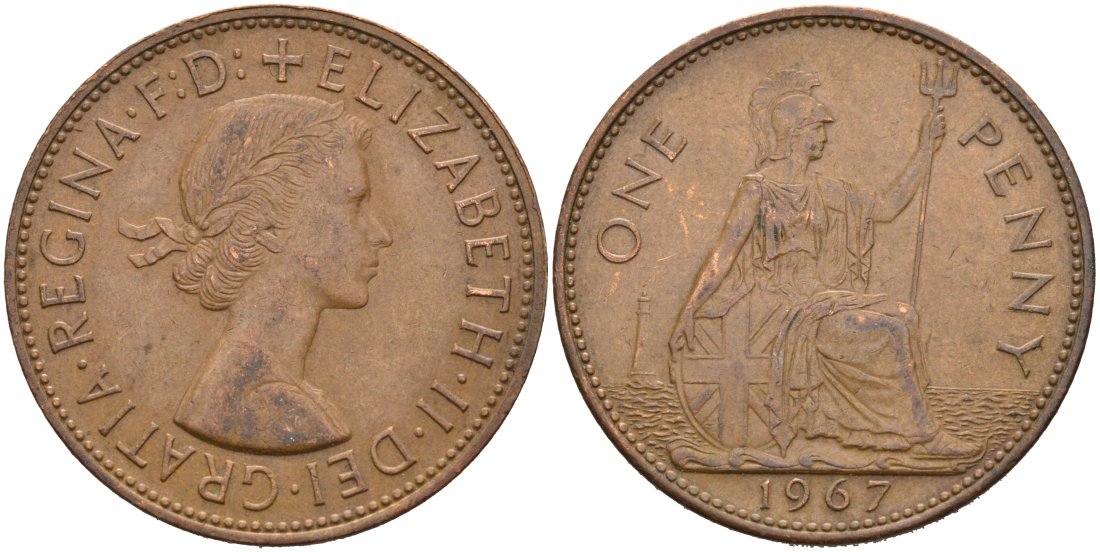 Великобритания 1 пенни 1967 Елизавета II (1952-2022) KM 897, Spink 4157 бронза 4572-1011