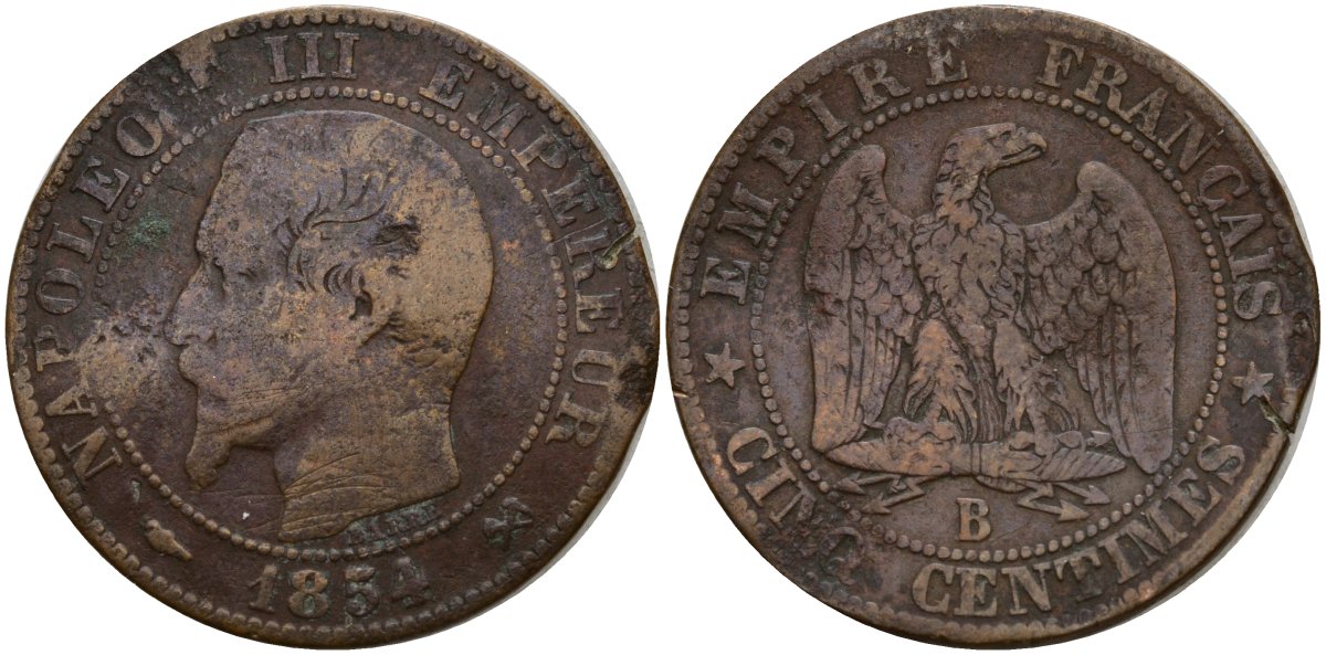 Франция 5 сантимов 1854 B, Наполеон III (1852-1870) KM 777.1, Le Franc 116 бронза 4187-1023