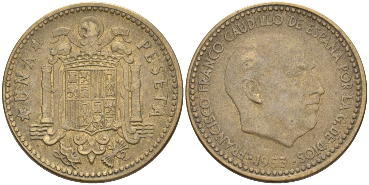 Испания 1 песета 1953 (61) Франсиско Франко (1939-1975) KM 775 алюминиевая бронза 4604-332