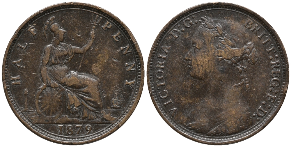 Великобритания 1/2 пенни 1879 Виктория (1837-1901) KM 754, Spink 3956 бронза 34-944