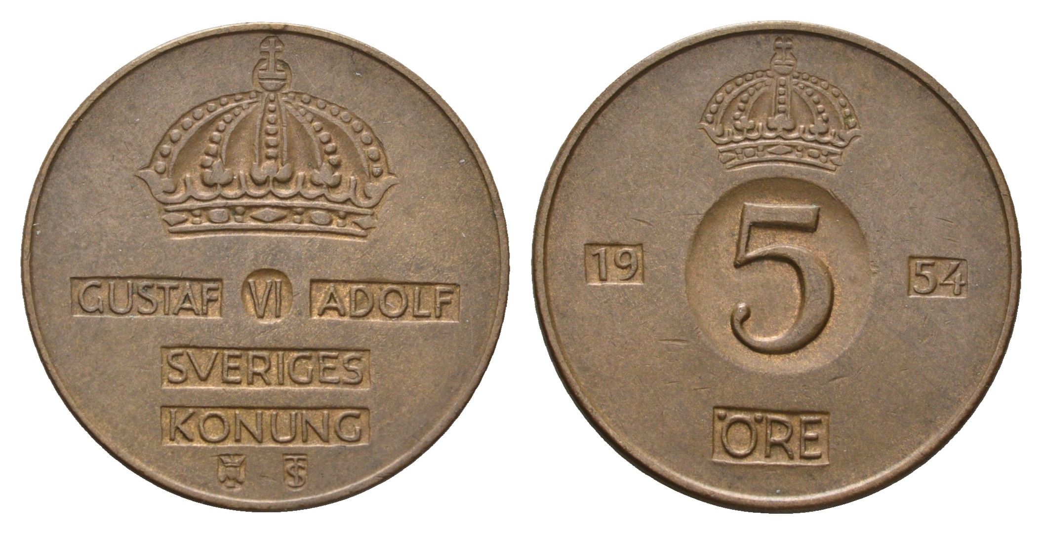 Швеция 5 эре 1954 Густав VI Адольф (1950-1973) KM 54.3 бронза 4648-815