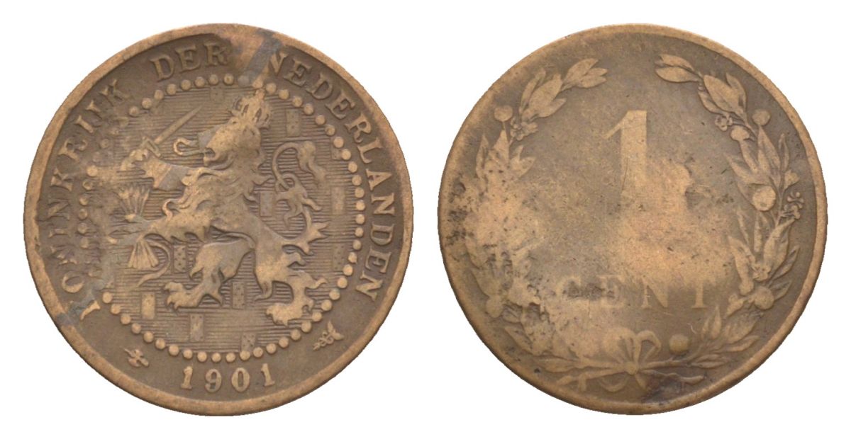 Нидерланды 1 цент 1901 Вильгельмина (1890-1948) KM 130 бронза 72-1157