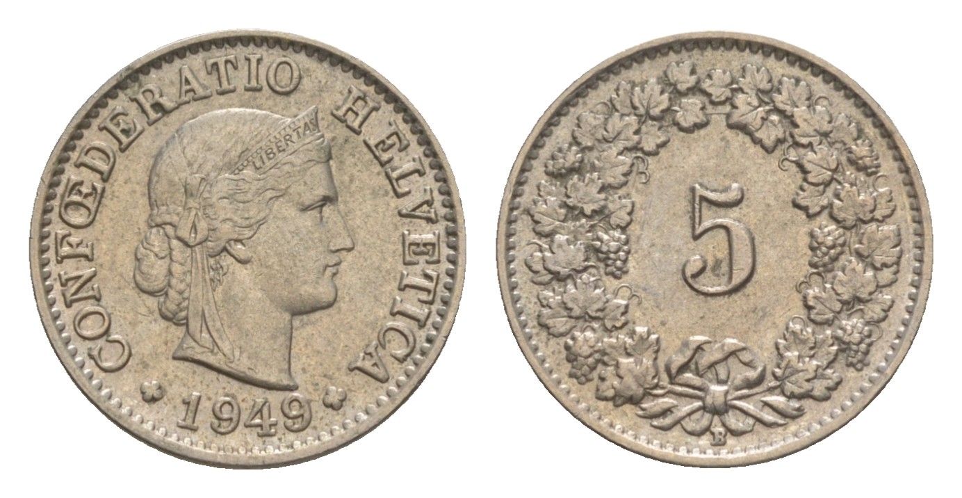 Швейцария 5 раппенов 1949 B KM 26 медно-никель 4611-666