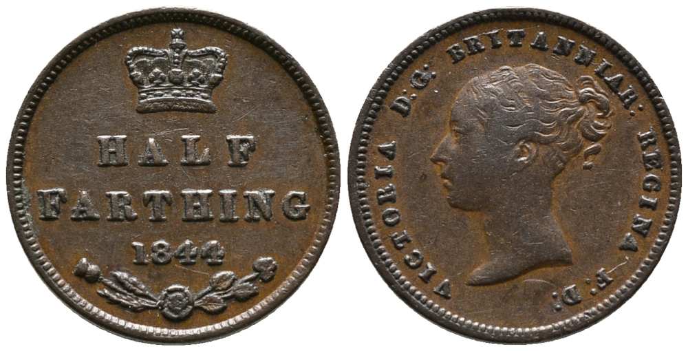 Великобритания 1/2 фартинга 1844 Виктория (1837-1901) KM 738, Spink 3951 медь 1518-335